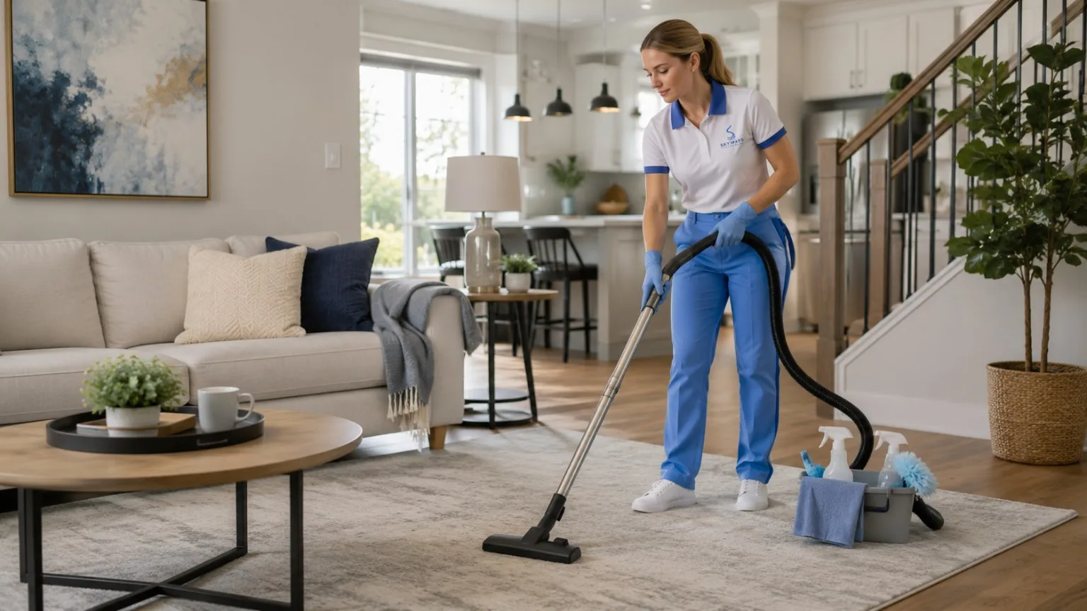 Skyways Cleaners professional following a regular cleaning routine in a Calgary home
