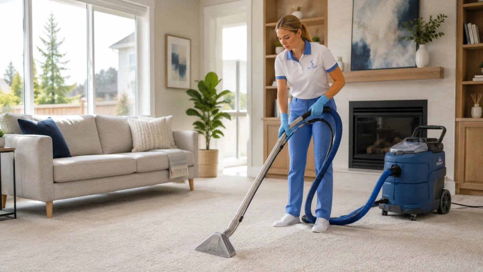 Skyways Cleaners professional cleaning residential carpet in a Calgary home