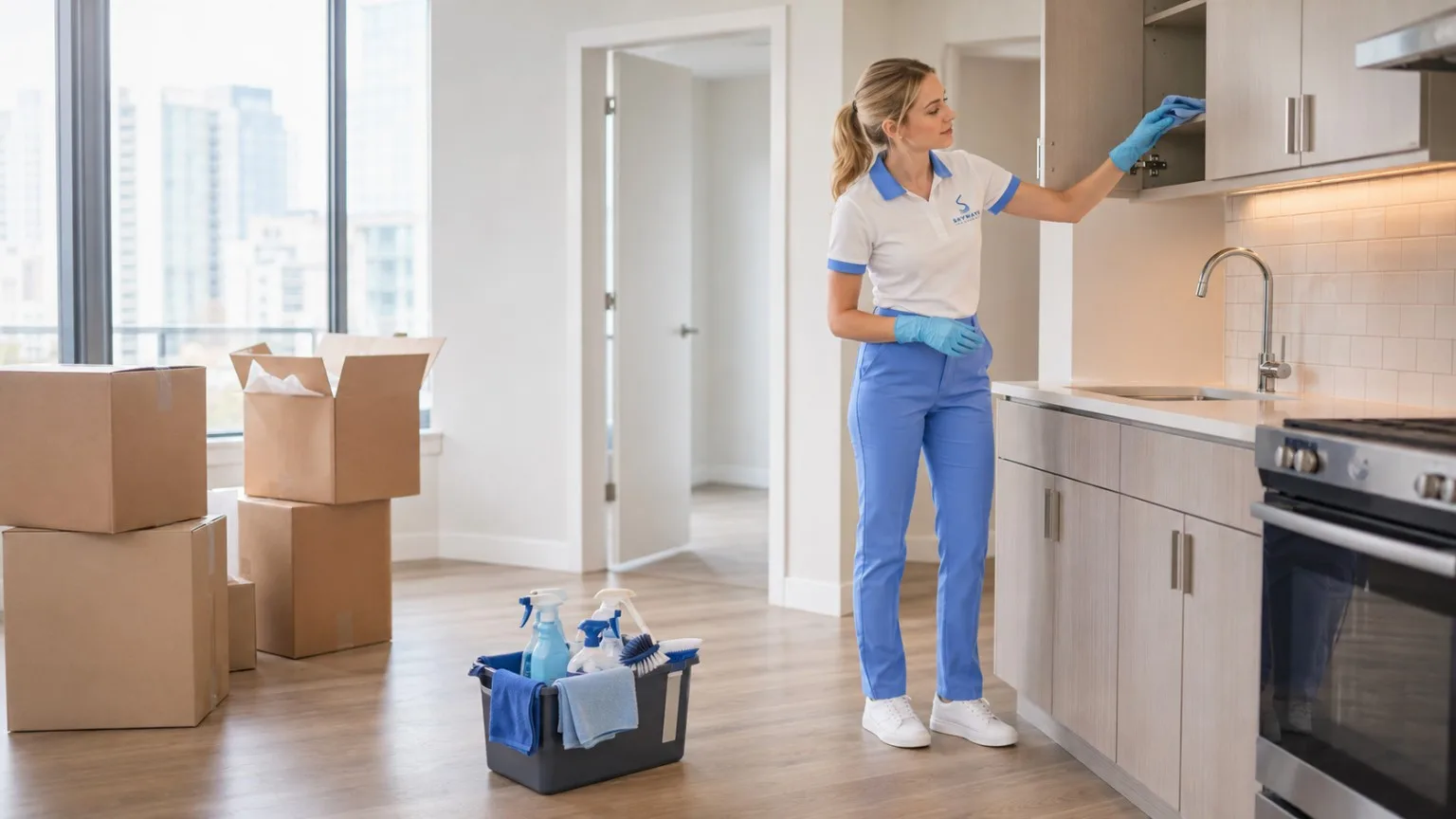 Skyways Cleaners professional performing move-out cleaning in a Calgary apartment